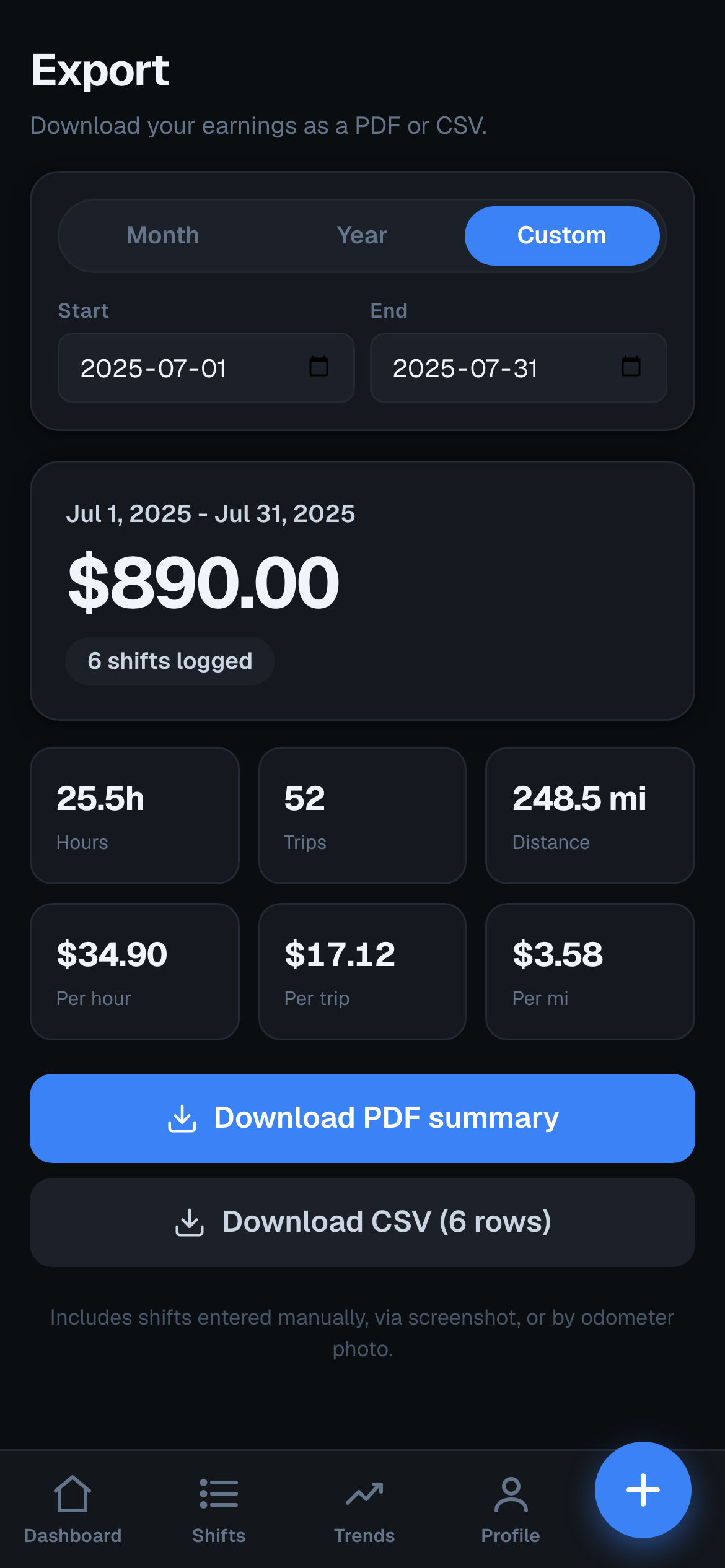 Export screen with a period picker, totals, and PDF/CSV downloads