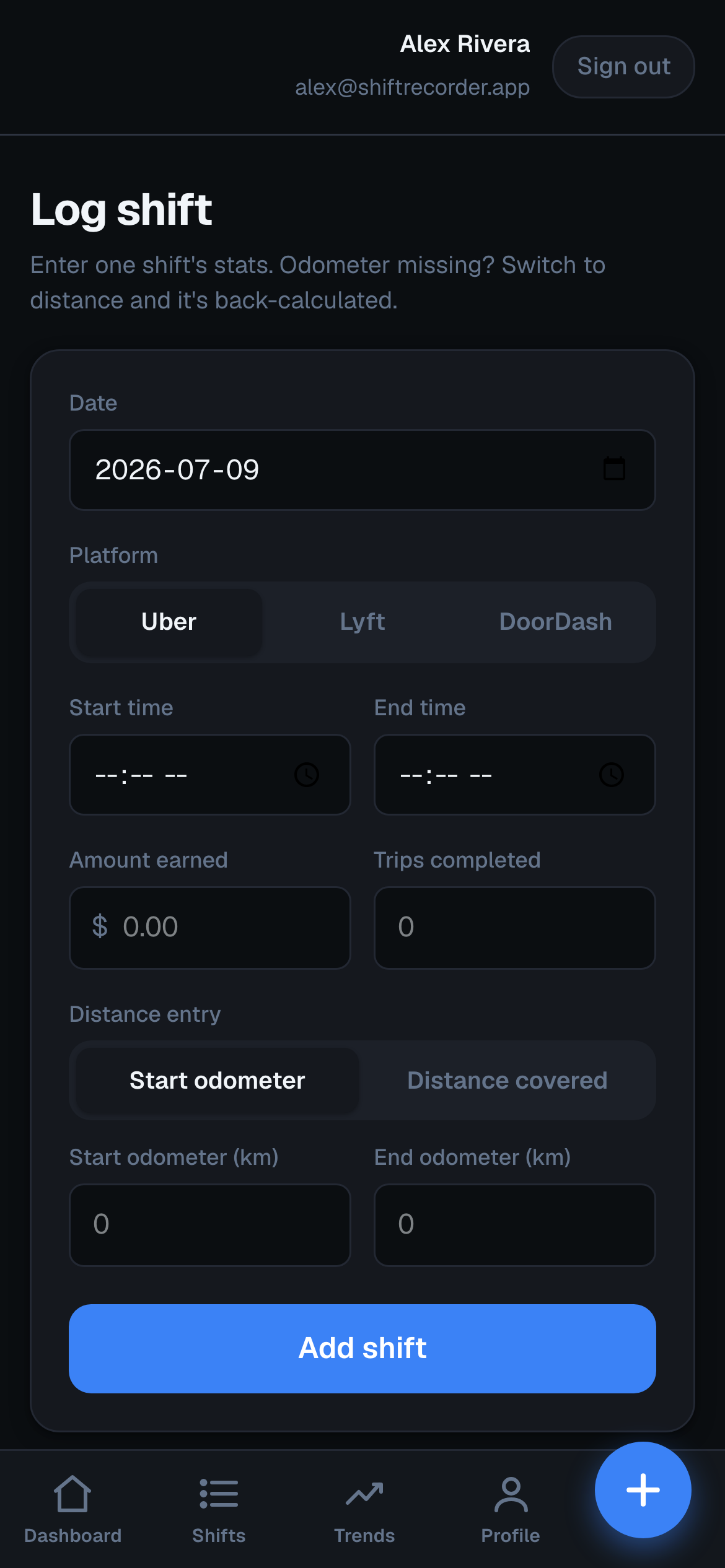 Manual shift entry form