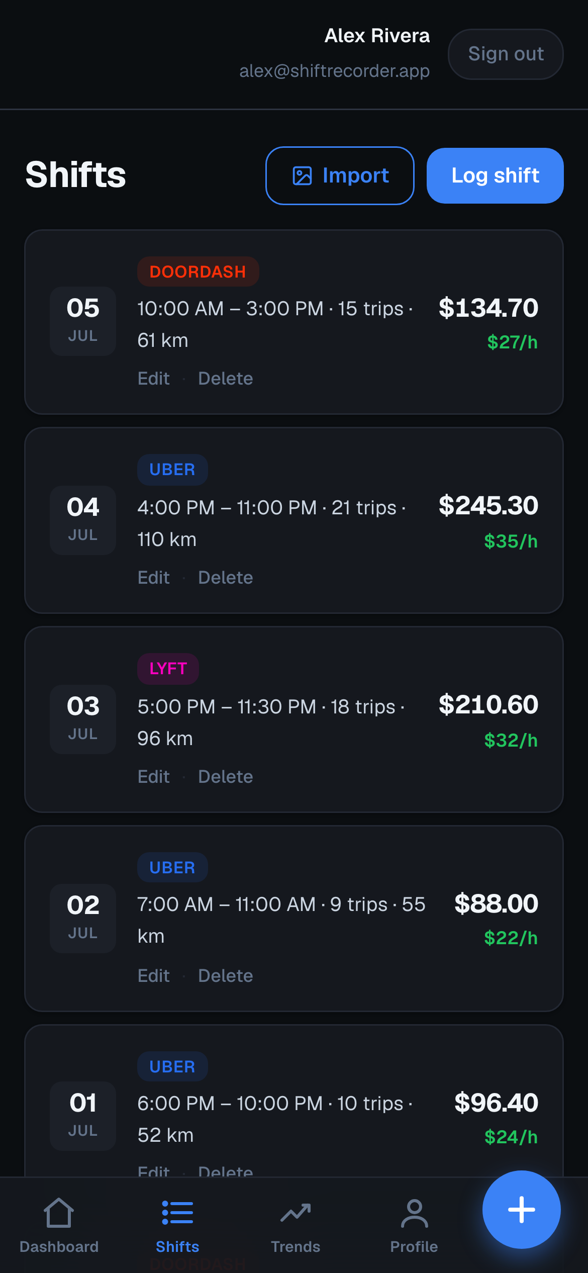 Shift history across Uber, Lyft and DoorDash
